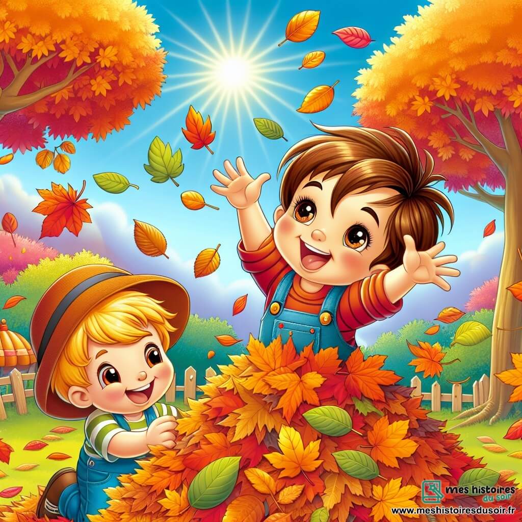 Une illustration sous forme de dessin destinée aux enfants représentant un jardin d'automne coloré, avec des arbres aux feuilles orange et jaunes, un garçon de 3 ans aux cheveux châtains et aux yeux pétillants, sautant joyeusement dans un grand tas de feuilles, tandis qu'un autre garçon de 3 ans, aux cheveux blonds et portant un bonnet rouge, rit en construisant un bonhomme de feuilles à côté, le tout sous un ciel bleu clair et ensoleillé, évoquant la magie et la joie de l'automne.