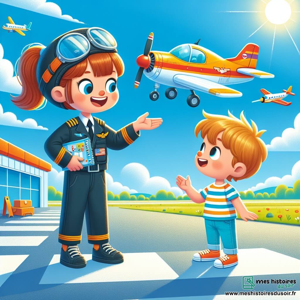 Une illustration sous forme de dessin destinée aux enfants représentant un petit aéroport coloré avec des avions aux couleurs vives stationnés sur le tarmac, où une jeune femme pilote aux cheveux châtains attachés en queue de cheval, portant une combinaison de pilote et un casque, explique avec enthousiasme le fonctionnement de l'avion à un petit garçon curieux aux yeux brillants et aux cheveux blonds, vêtu d'un t-shirt à rayures, tandis qu'un ciel bleu clair et ensoleillé s'étend au-dessus d'eux, créant une atmosphère joyeuse et pleine de rêves d'aventure.