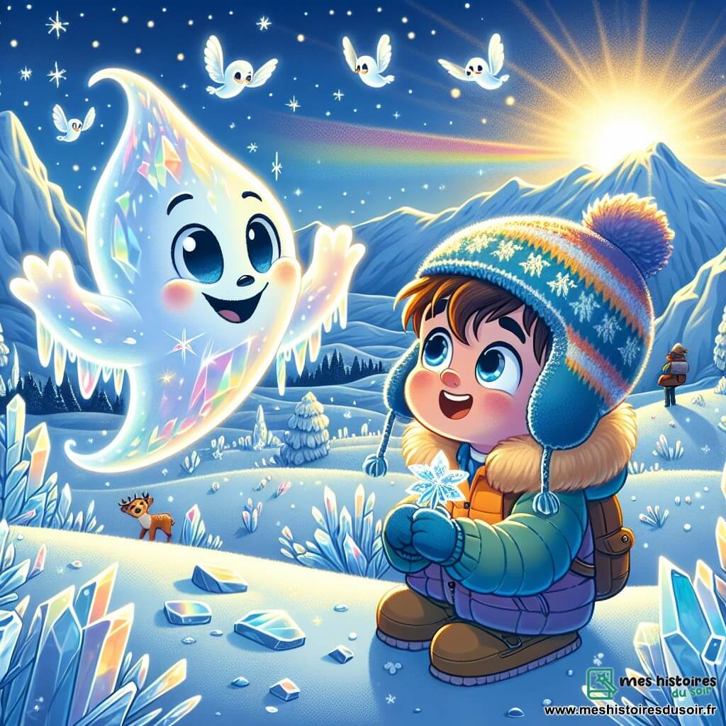Illustration d'une clairière magique au sommet d'une montagne de glace, où des cristaux brillent sous le soleil, créant un paysage féerique. Au centre, un fantôme adorable flotte, avec un corps translucide irisé et un bonnet bleu ciel tricoté. Il sourit joyeusement, ses yeux pétillants de malice, tendant la main vers un garçon d'environ dix ans, aux cheveux bruns et aux joues rosies par le froid. Le garçon, vêtu d'une parka colorée, regarde le fantôme avec émerveillement, tenant une Fleur de Givre. La scène est animée par des oiseaux de neige aux ailes translucides, des flocons de neige tombant doucement, et un arc-en-ciel lumineux dans le ciel, symbolisant l'harmonie retrouvée.