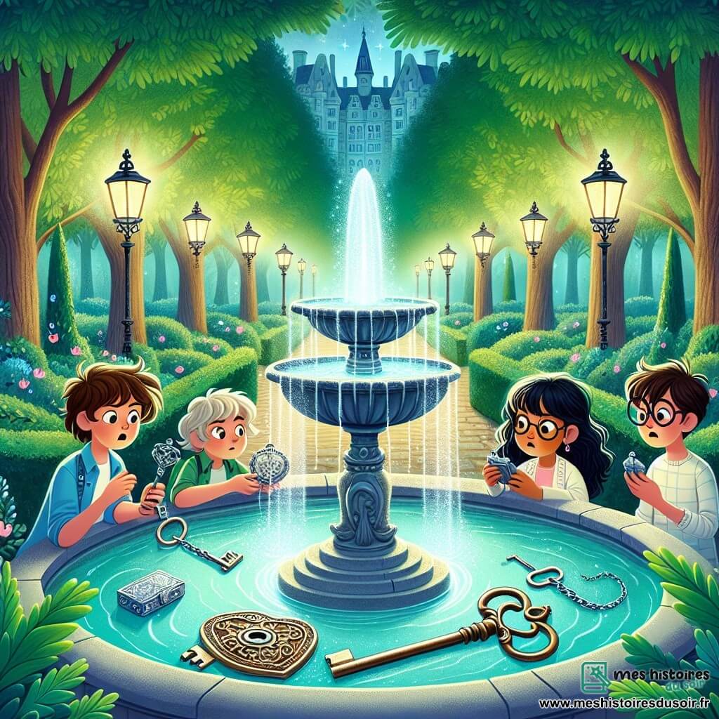 Une illustration sous forme de dessin destinée aux enfants représentant une fontaine enchantée au cœur d'un parc coloré, entourée de grands arbres aux feuilles verdoyantes, où un groupe de quatre enfants de 9 ans, deux garçons aux cheveux ébouriffés et une fille aux lunettes rondes, ainsi qu'une autre fille aux cheveux longs et bouclés, se tiennent ensemble, l'air déterminé, en examinant une clé ancienne et un médaillon en argent, tandis qu'une douce brume s'élève de l'eau scintillante, suggérant une aventure magique et mystérieuse à résoudre.