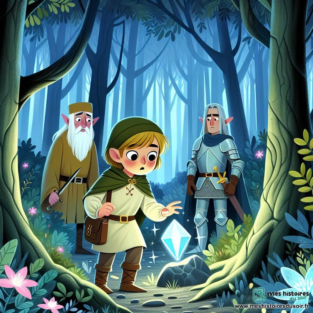 Une illustration destinée aux enfants représentant une jeune femme courageuse découvrant une mystérieuse pierre magique, accompagnée d'un sage elfe et d'un chevalier intrépide, dans une forêt dense et mystérieuse aux arbres centenaires et aux fleurs lumineuses.