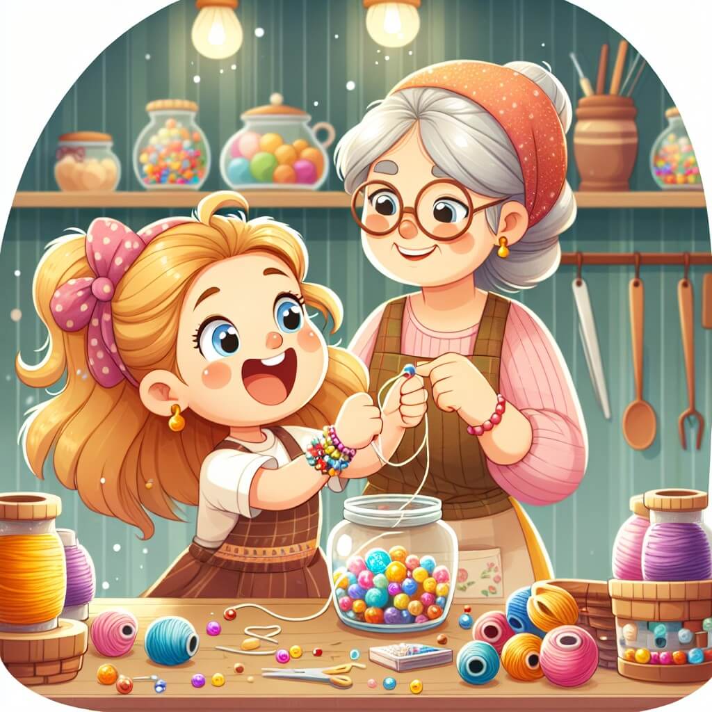 Une illustration destinée aux enfants représentant une jeune fille pleine d'énergie, préparant un cadeau spécial pour son papa, avec l'aide de sa maman, dans une charmante cuisine remplie de perles colorées, de fils et d'aiguilles, entourée d'une atmosphère chaleureuse et joyeuse.