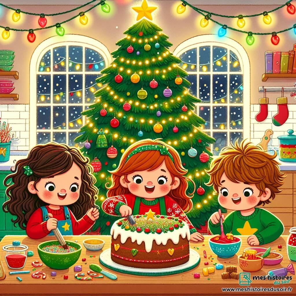 Illustration destinée aux enfants représentant une chaleureuse cuisine décorée pour Noël, avec des guirlandes lumineuses scintillantes et un grand sapin aux couleurs vives dans un coin. Au centre, un groupe de trois enfants de 3 ans : une petite fille aux cheveux bouclés et au pull rouge avec une étoile jaune, un petit garçon aux cheveux en bataille portant un t-shirt vert, et une petite fille en robe verte avec des clochettes. Ils sont en train de décorer un gâteau de Noël avec des paillettes de sucre rouge et vert, riant joyeusement tout en ajoutant des bonbons en forme de cadeaux. Sur la table, des ingrédients colorés sont éparpillés, et une douce odeur de gâteau emplit l'air, créant une ambiance festive et magique.