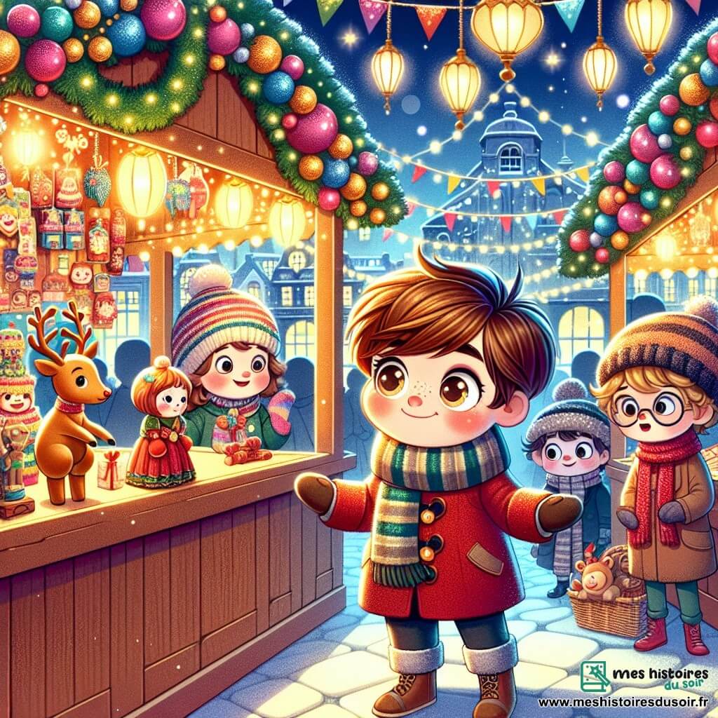 Une illustration sous forme de dessin destinée aux enfants représentant un marché de Noël animé, avec des stands colorés ornés de guirlandes lumineuses et de décorations scintillantes, où un garçon de 11 ans aux cheveux châtains et aux yeux pétillants, vêtu d'un manteau rouge et d'une écharpe rayée, se tient émerveillé devant une poupée en bois, tandis que deux amis, une fille aux cheveux bouclés portant un bonnet en laine et un garçon aux lunettes rondes, l'observent avec excitation, tous trois entourés de rennes enjoués et de flocons de neige tombant doucement, capturant l'esprit joyeux et magique de Noël.