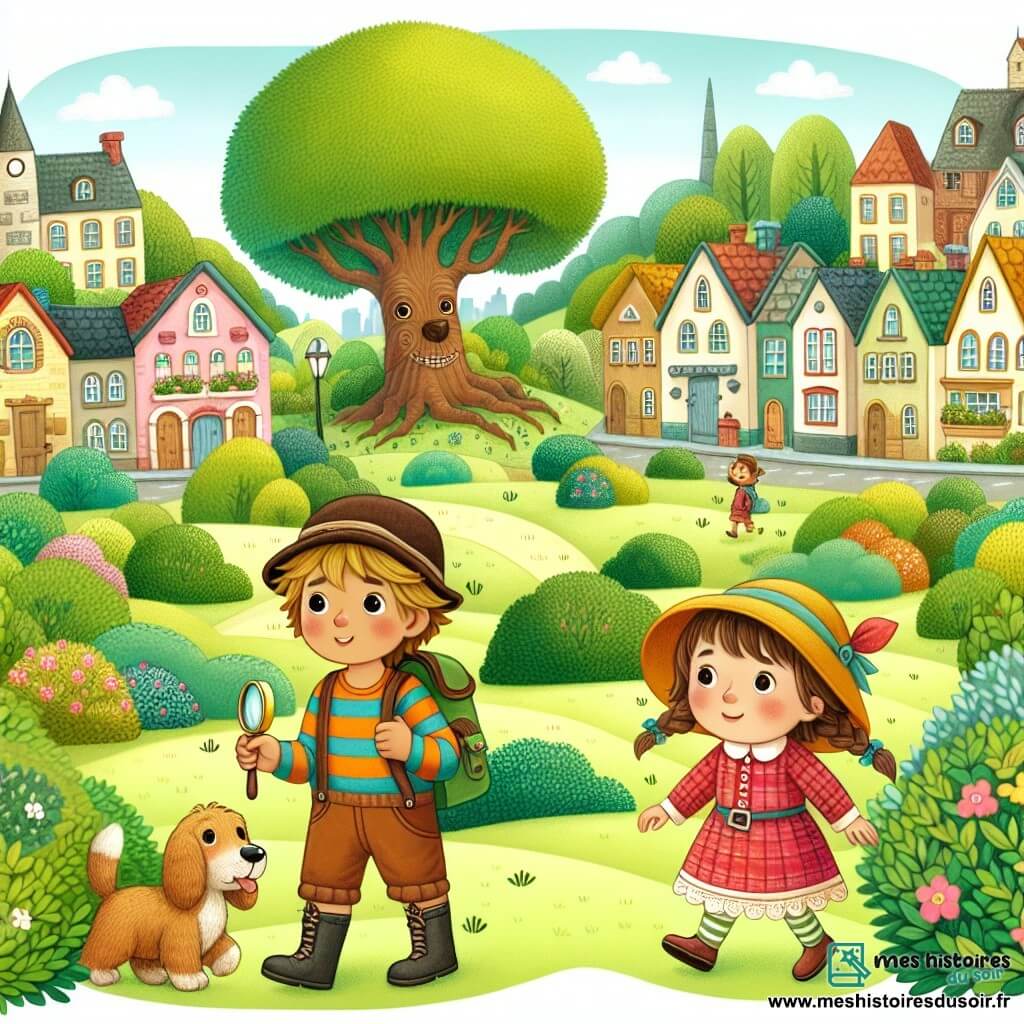 Une illustration destinée aux enfants représentant une petite aventurière curieuse, à la recherche de sa peluche disparue, accompagnée de son fidèle ami, explorant un village pittoresque rempli de maisons colorées et d'un parc verdoyant avec un grand arbre mystérieux au centre.