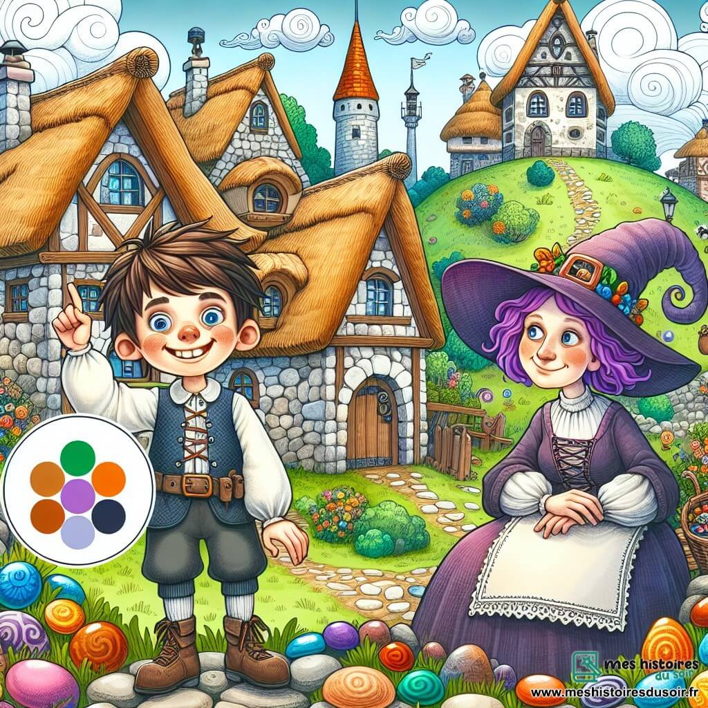 Une illustration destinée aux enfants représentant un jeune apprenti sorcier, un personnage principal plein d'enthousiasme et de maladresse, accompagné d'une sorcière excentrique aux cheveux violets, dans un petit village perché au sommet d'une colline, avec des maisons aux toits de chaume et des ruelles pavées de pierres colorées.