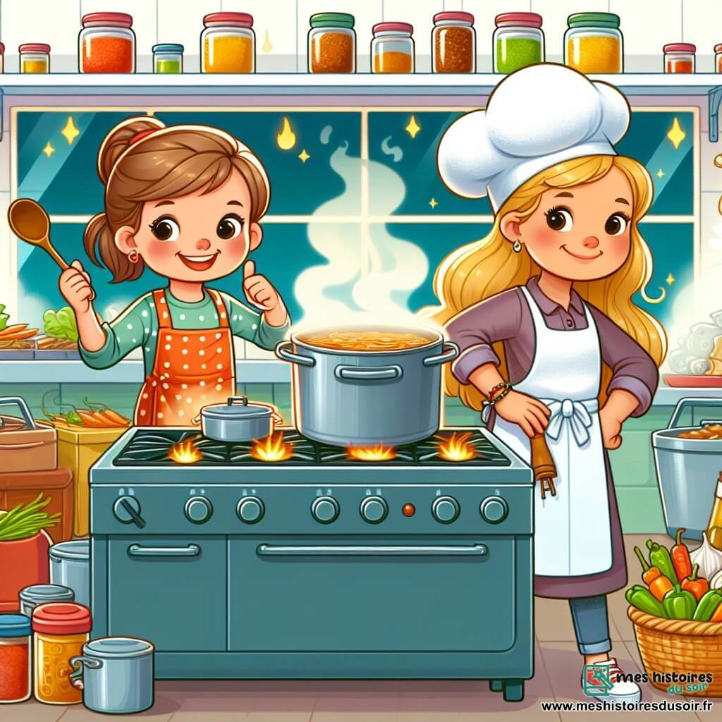 Une illustration destinée aux enfants représentant une jeune fille passionnée de cuisine, remportant un concours de cuisine avec l'aide précieuse de sa tante chef cuisinière, dans une cuisine colorée et animée d'un grand restaurant avec des casseroles bouillonnantes et des étagères remplies d'épices chatoyantes.