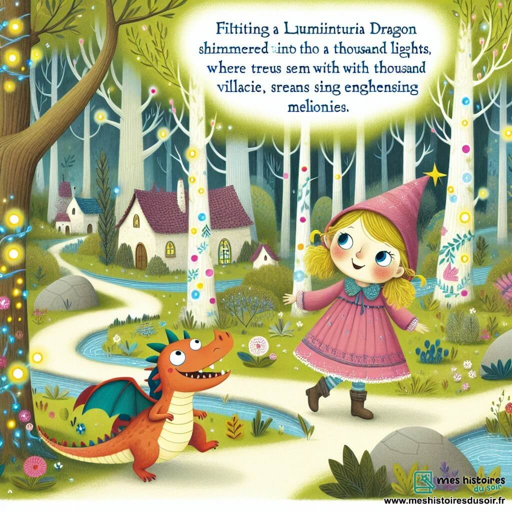 Une illustration destinée aux enfants représentant une petite fille espiègle se promenant dans une forêt magique en compagnie d'un dragon farceur miniature, dans le village enchanteur de Luminia, où les arbres scintillent de mille feux et les ruisseaux chantent des mélodies enchantées.