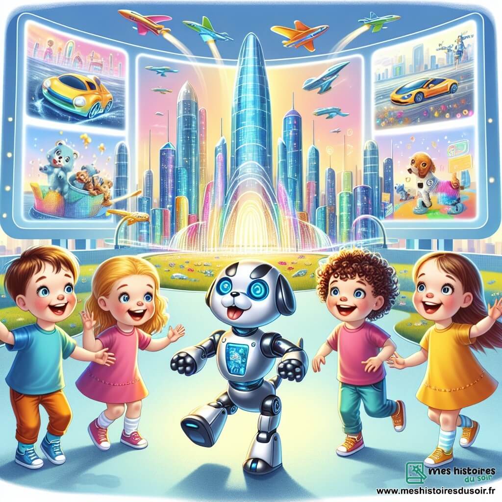 Une illustration sous forme de dessin destinée aux enfants représentant une ville futuriste lumineuse avec des maisons en verre scintillant et des voitures volantes dans le ciel, où un groupe de quatre enfants de trois ans, deux garçons aux cheveux bouclés et une fille aux cheveux longs et lisses, tous souriants et émerveillés, jouent autour d'un robot-chien qui danse joyeusement, tandis qu'un grand écran lumineux en arrière-plan affiche des images de technologies fascinantes, créant une atmosphère d'émerveillement et de découverte.