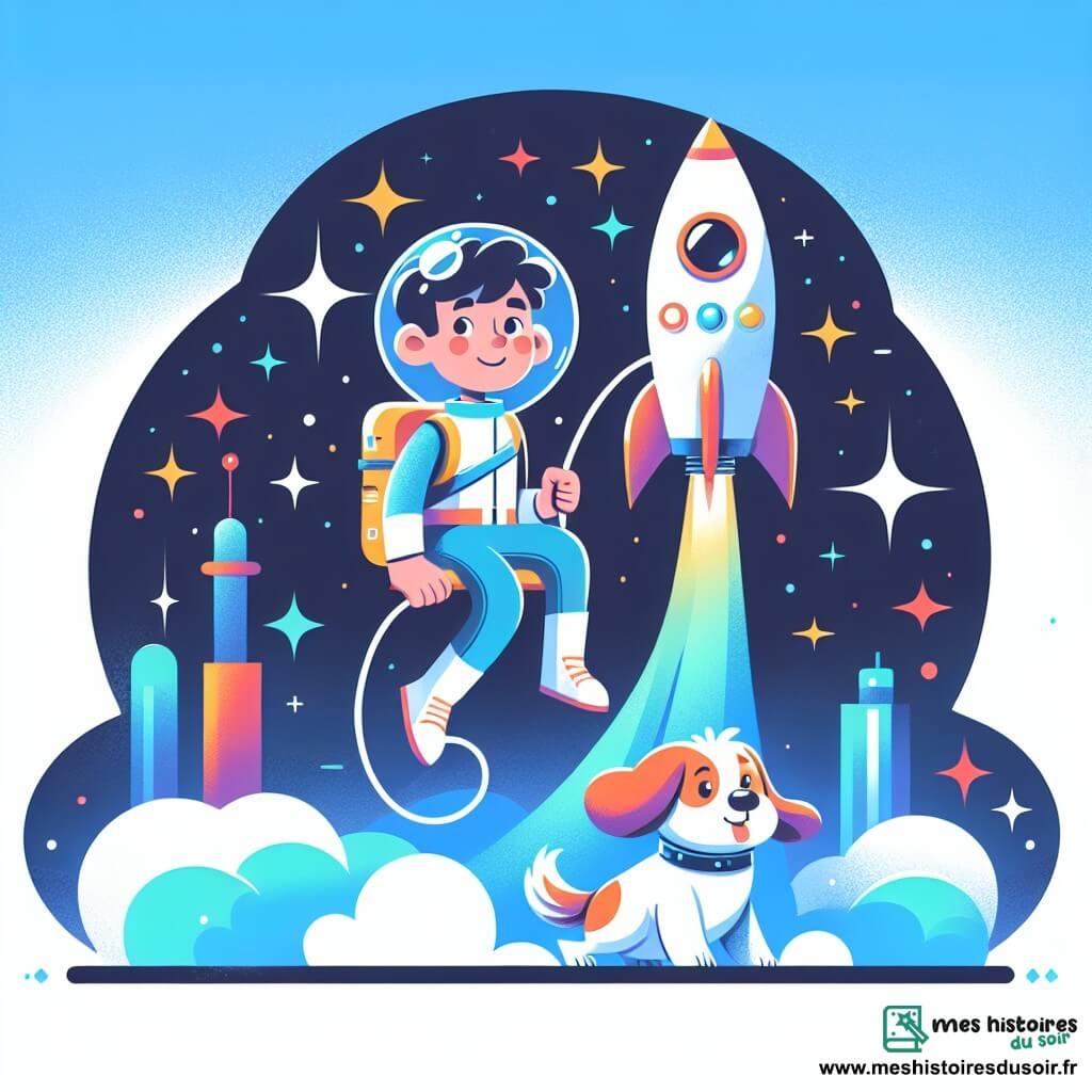 Une illustration destinée aux enfants représentant un jeune homme rêveur et passionné d'exploration spatiale, accompagné de son fidèle chien astronaute, décollant à bord d'une fusée colorée depuis une base spatiale futuriste entourée d'étoiles scintillantes.