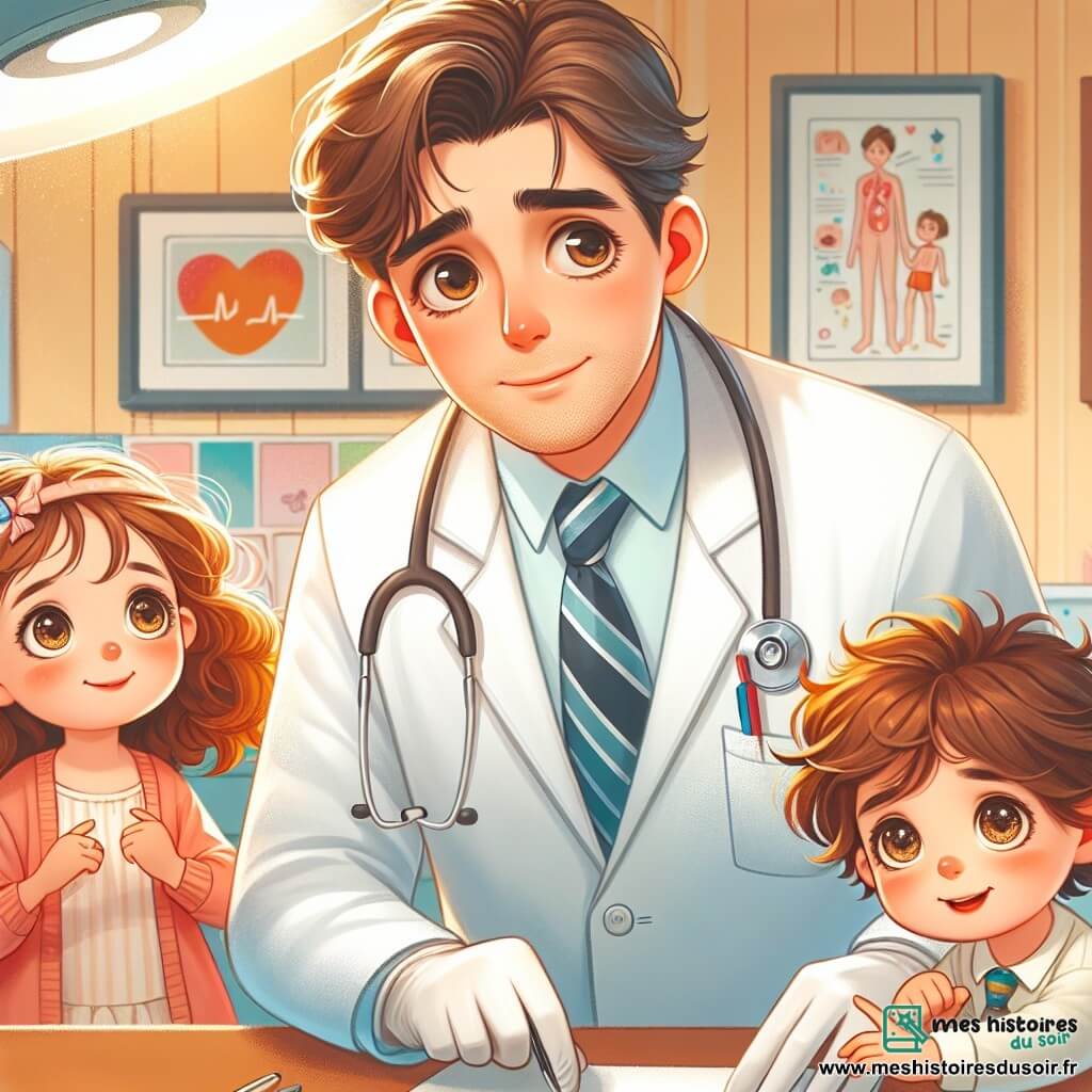Une illustration destinée aux enfants représentant un médecin homme, dévoué et aimé de tous, gérant une urgence inattendue avec calme et professionnalisme, accompagné de ses enfants, une fille espiègle aux boucles brunes et un garçon curieux aux yeux pétillants, dans une clinique chaleureuse décorée de dessins colorés et emplie d'une douce odeur de désinfectant.