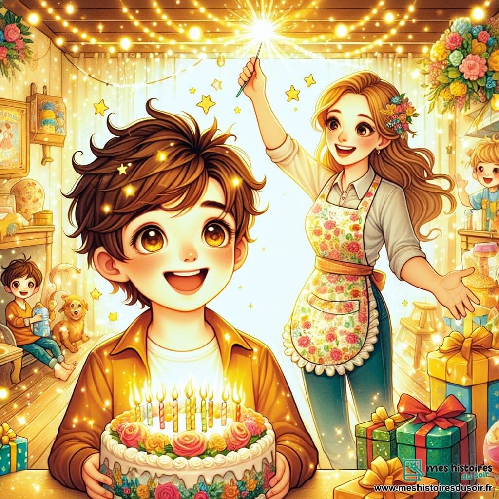 Une illustration destinée aux enfants représentant un garçon aux boucles brunes et aux yeux pétillants, vivant une aventure magique le jour de son anniversaire, accompagné par sa maman au tablier fleuri, dans une chambre baignée de lumière dorée, où règne une atmosphère chaleureuse et pleine de surprises.