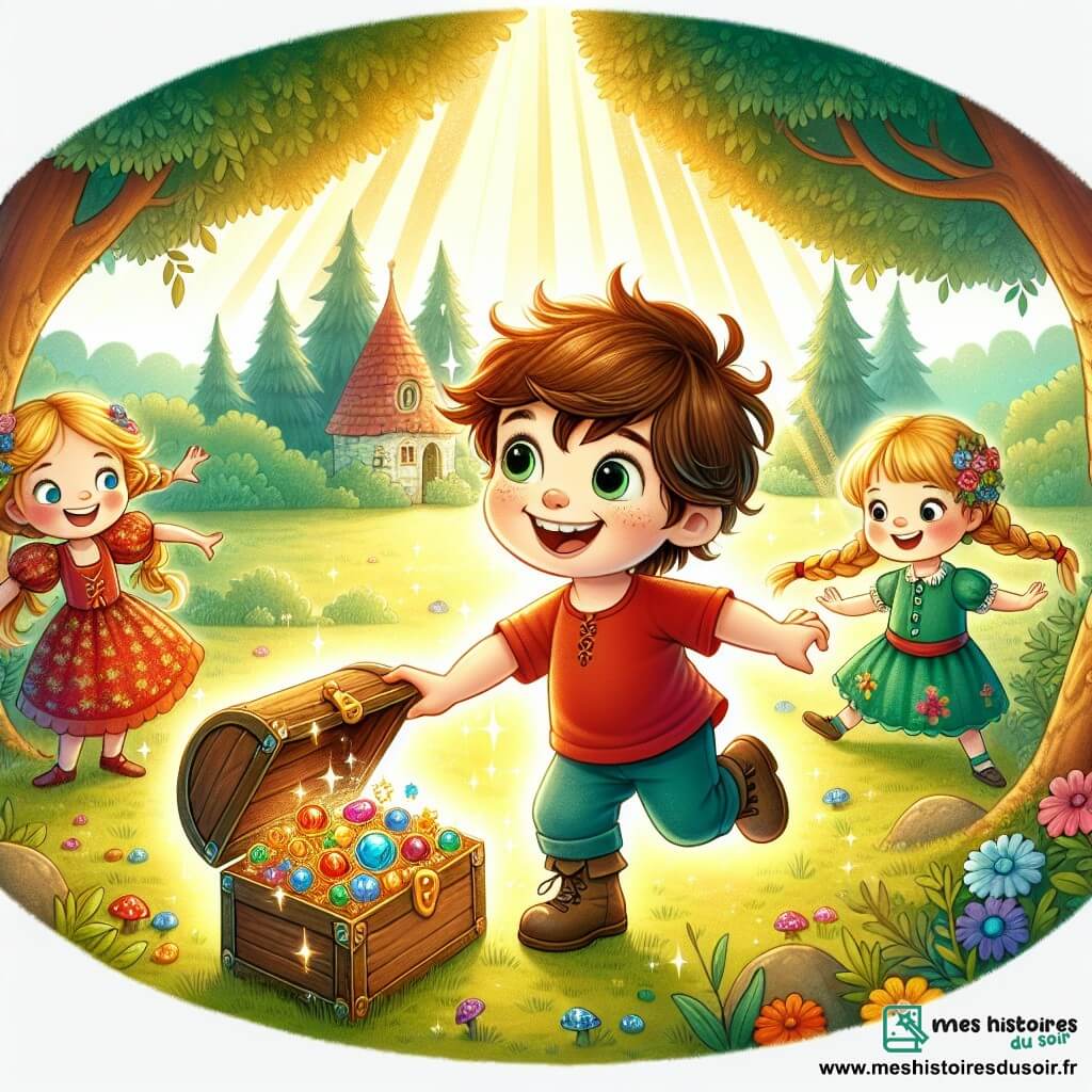 Une illustration sous forme de dessin destinée aux enfants représentant une clairière magique baignée de lumière dorée, avec un petit garçon de 4 ans aux cheveux bruns en désordre, portant un T-shirt rouge et des pantalons bleus, qui sourit joyeusement en tenant la main de ses amis ; une petite fille aux cheveux blonds tressés, vêtue d'une robe à fleurs, qui danse autour de lui, et un garçon aux cheveux châtains, portant un T-shirt vert, qui pointe du doigt une boîte en bois pleine de trésors colorés, symbolisant leur amitié et leur esprit d'aventure.