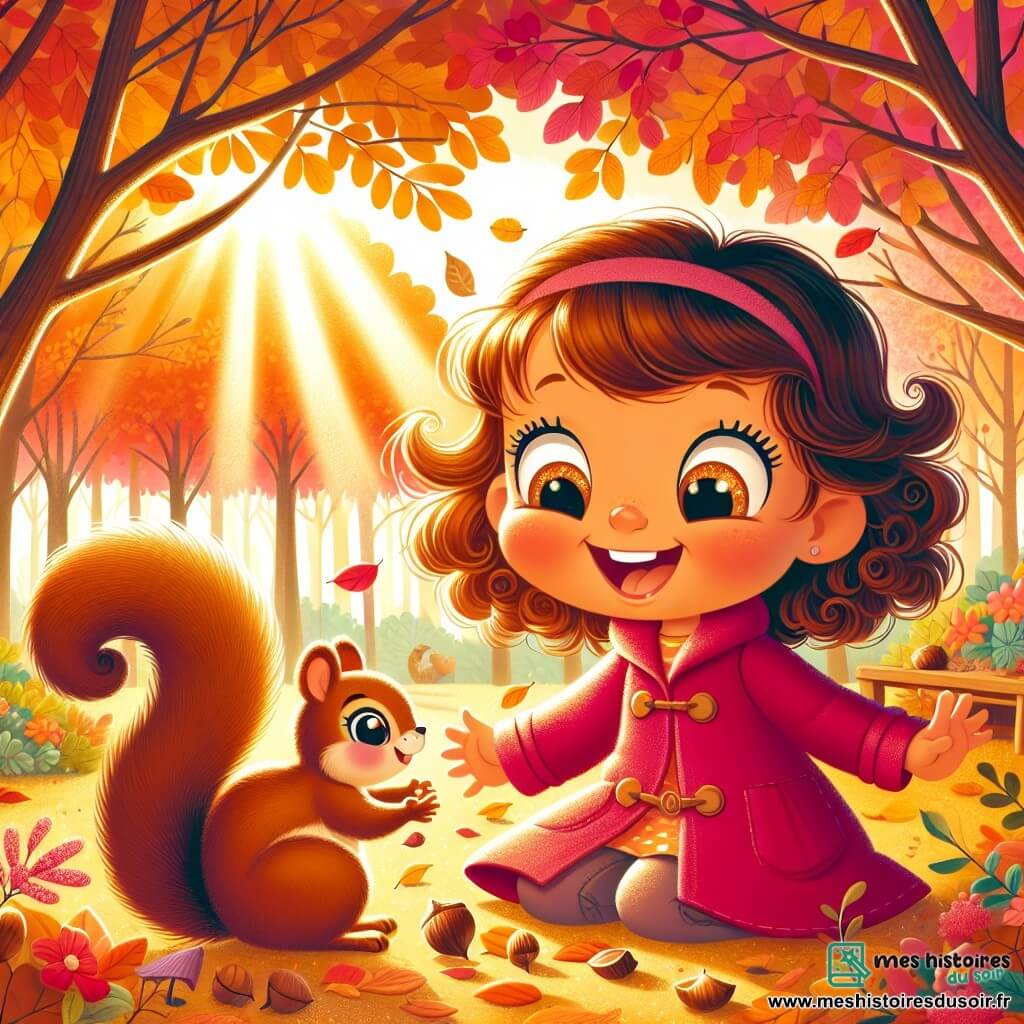 Illustration destinée aux enfants représentant un jardin d'automne vibrant de couleurs, avec des arbres aux feuilles dorées, rouges et oranges tombant doucement au sol. Au centre, une petite fille de 1 an, avec des cheveux bouclés châtains et un grand sourire, porte un manteau rose et joue joyeusement dans une pile de feuilles. À proximité, un petit écureuil brun aux yeux pétillants grignote une noisette, observant la scène avec curiosité. La petite fille tend la main vers l'écureuil, émerveillée par sa présence, tandis que le soleil brille doucement à travers les branches, créant une atmosphère chaleureuse et magique.