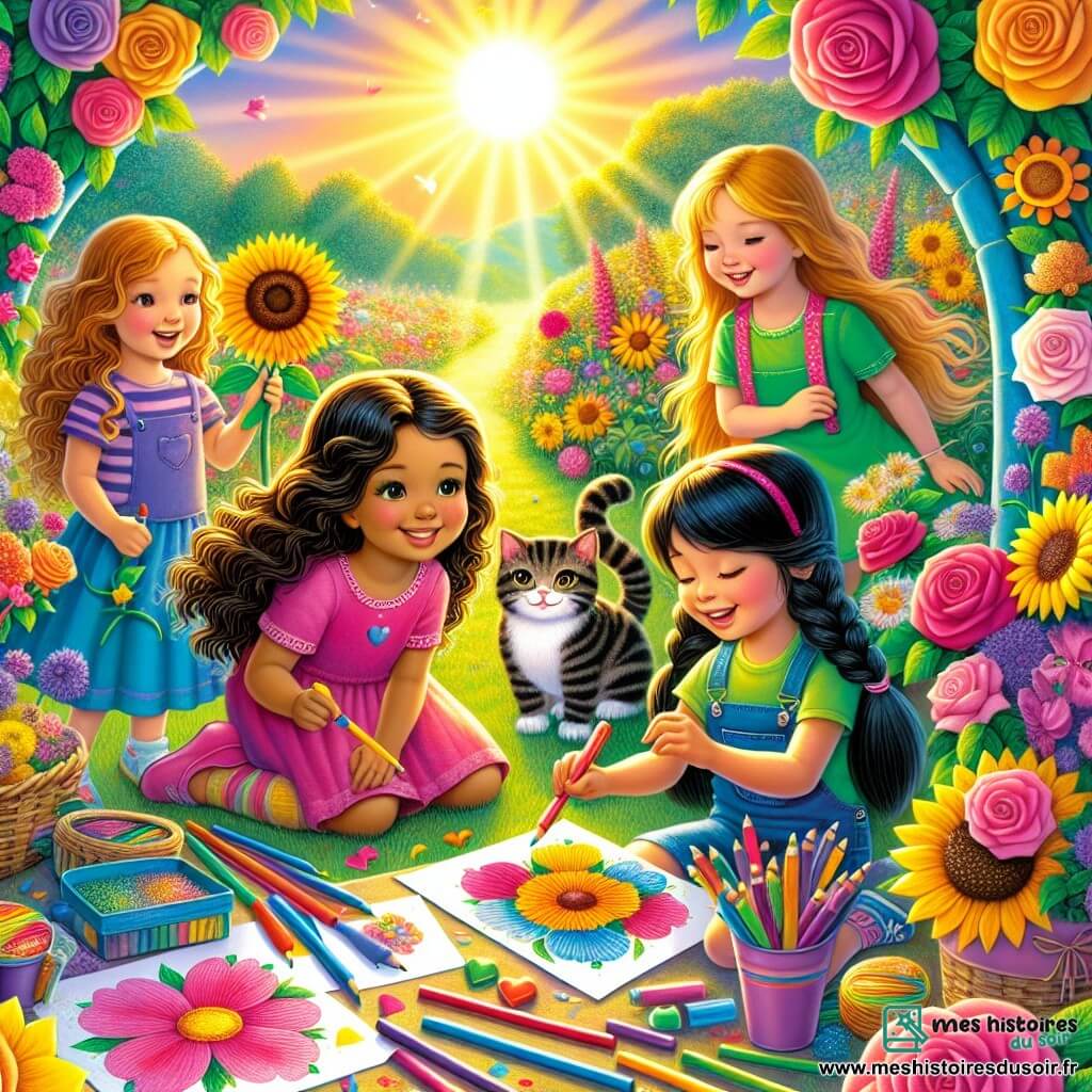 Illustration d'un jardin fleuri sous la lumière dorée du soleil. Des fleurs colorées, comme des roses et des tournesols, dansent au gré du vent, tandis qu'un chat tigré joue dans les herbes hautes. Au centre, quatre filles de sept ans, aux cheveux longs et brillants, sont réunies. L'une d'elles, avec des cheveux bouclés et une robe rose, sourit en tenant un tableau coloré. À côté, une fille aux cheveux blonds tressés, en t-shirt vert, s'apprête à dessiner. Une autre, avec des cheveux bruns et des lunettes, porte une salopette bleue et admire les fleurs. La dernière, avec des cheveux raides et noirs en robe à pois, rit en tenant un feutre coloré. Elles créent des cartes de vœux faites maison, entourées de papiers colorés, de feutres et de paillettes. L'atmosphère est joyeuse et créative, illustrant un moment de partage et d'amitié, loin des écrans, avec des étoiles dessinées ajoutant une touche de magie.