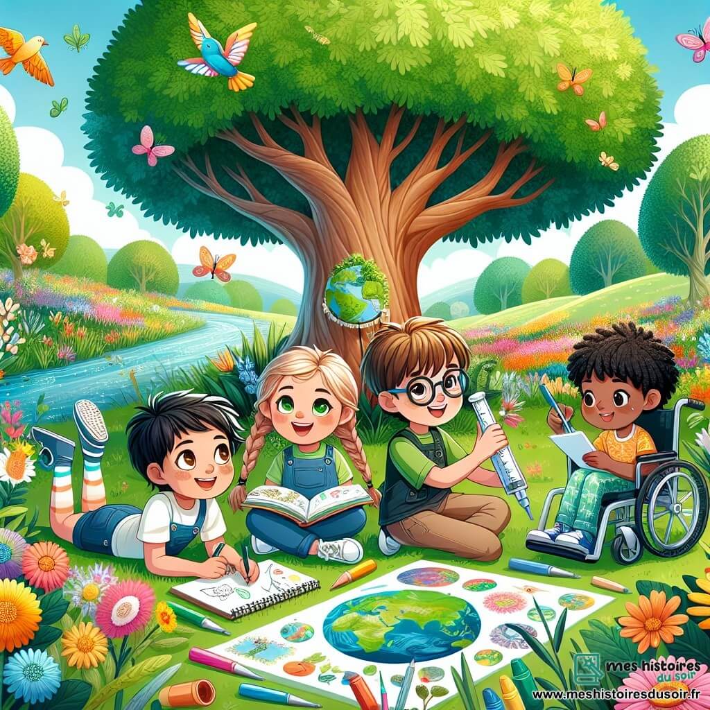 Illustration d'un parc verdoyant au printemps, avec un grand chêne au centre, ses branches offrant de l'ombre. Des fleurs colorées éclosent au sol, et un ruisseau scintille à proximité, entouré de verdure. Un garçon de onze ans, aux cheveux bruns et yeux pétillants, est assis sous l'arbre, un carnet de croquis sur les genoux, souriant. À côté, une fille aux cheveux blonds en tresses et lunettes, tient un appareil de mesure, concentrée. Un autre garçon en fauteuil roulant, avec des cheveux noirs, montre une maquette de nichoir qu'il a fabriquée. Enfin, une fille aux cheveux châtains, en t-shirt avec un motif de planète, dessine des affiches colorées sur le sol, entourée de feutres. La scène illustre un moment de collaboration joyeuse des enfants pour protéger l'environnement, avec des oiseaux colorés volant au-dessus, symbolisant l'espoir.