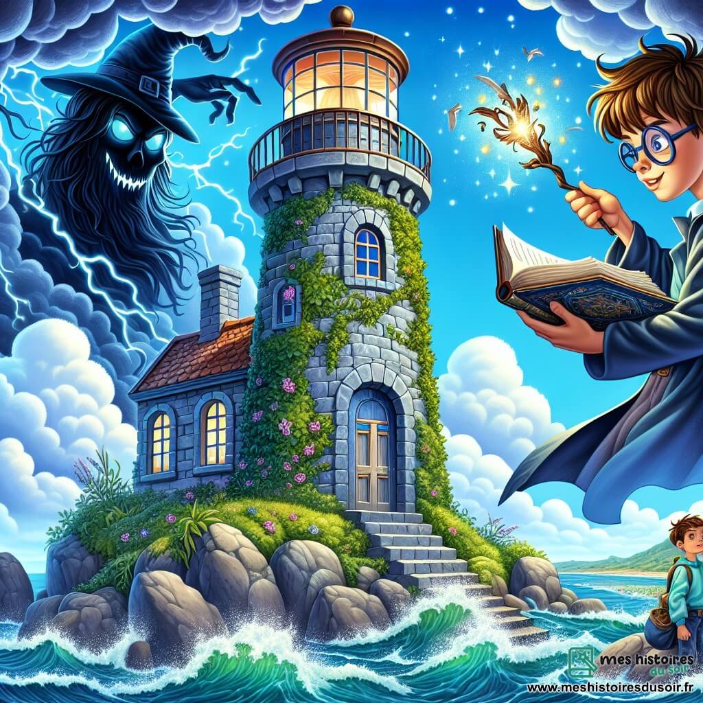 Illustration d'un vieux phare au bord de la mer, avec des murs en pierre grise couverts de lierre vert et des fenêtres à volets bleus. Le ciel est bleu éclatant avec des nuages blancs, et les vagues se brisent contre les rochers, créant des éclaboussures scintillantes. Au sommet, un garçon de neuf ans aux cheveux bruns en bataille et lunettes rondes se tient les bras levés, prêt à lancer un sort. À ses côtés, une fille aux tresses dorées et au sourire malicieux tient une plume magique. Un autre garçon, grand et mince, lit un ancien livre de sorts, concentré. La scène montre une silhouette sombre, un sorcier maléfique, émergeant d'un nu de fumée, les bras croisés et un sourire maléfique. Des éclairs de magie colorée jaillissent autour des enfants, créant une atmosphère dynamique et magique, avec des étoiles scintillantes flottant dans l'air.
