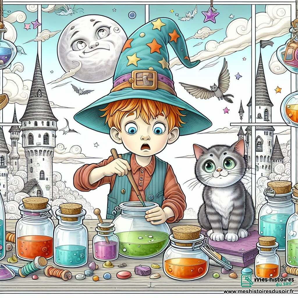 Une illustration destinée aux enfants représentant un jeune sorcier étourdi préparant une potion magique, accompagné d'un chat malicieux aux yeux étincelants, dans sa tour biscornue décorée de pots de confiture vides et de chapeaux pointus multicolores, dans un lointain royaume magique.