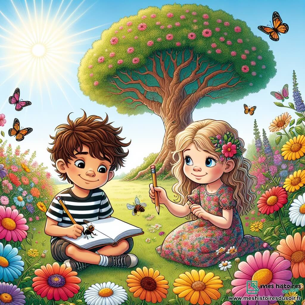 Illustration destinée aux enfants représentant un jardin ensoleillé, rempli de fleurs colorées aux pétales éclatants, avec un vieux chêne majestueux offrant de l'ombre. Au centre, un garçon de 9 ans aux cheveux bruns en bataille, portant un t-shirt rayé et un short, est assis sur l'herbe, un carnet de croquis ouvert sur ses genoux, observant attentivement une abeille butinant une fleur. À ses côtés, une fille de 9 ans aux cheveux blonds tressés, vêtue d'une robe à fleurs, sourit en tenant un crayon, prête à dessiner. La scène capture un moment de complicité et d'émerveillement, symbolisant l'amitié et la découverte de la nature, avec des papillons virevoltant autour d'eux et le doux bruit des insectes en fond.