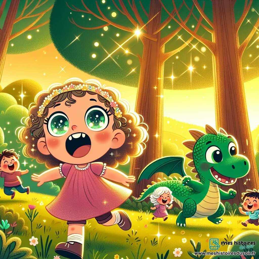 Une illustration sous forme de dessin destinée aux enfants représentant une forêt enchantée baignée de lumière dorée, avec une petite fille de 5 ans aux grands yeux brillants et aux cheveux bouclés, courant joyeusement aux côtés d'un dragon aux écailles vertes qui joue avec des enfants, alors qu'ils rient ensemble dans une clairière, symbolisant l'amitié et l'aventure d'un voyage dans le temps.