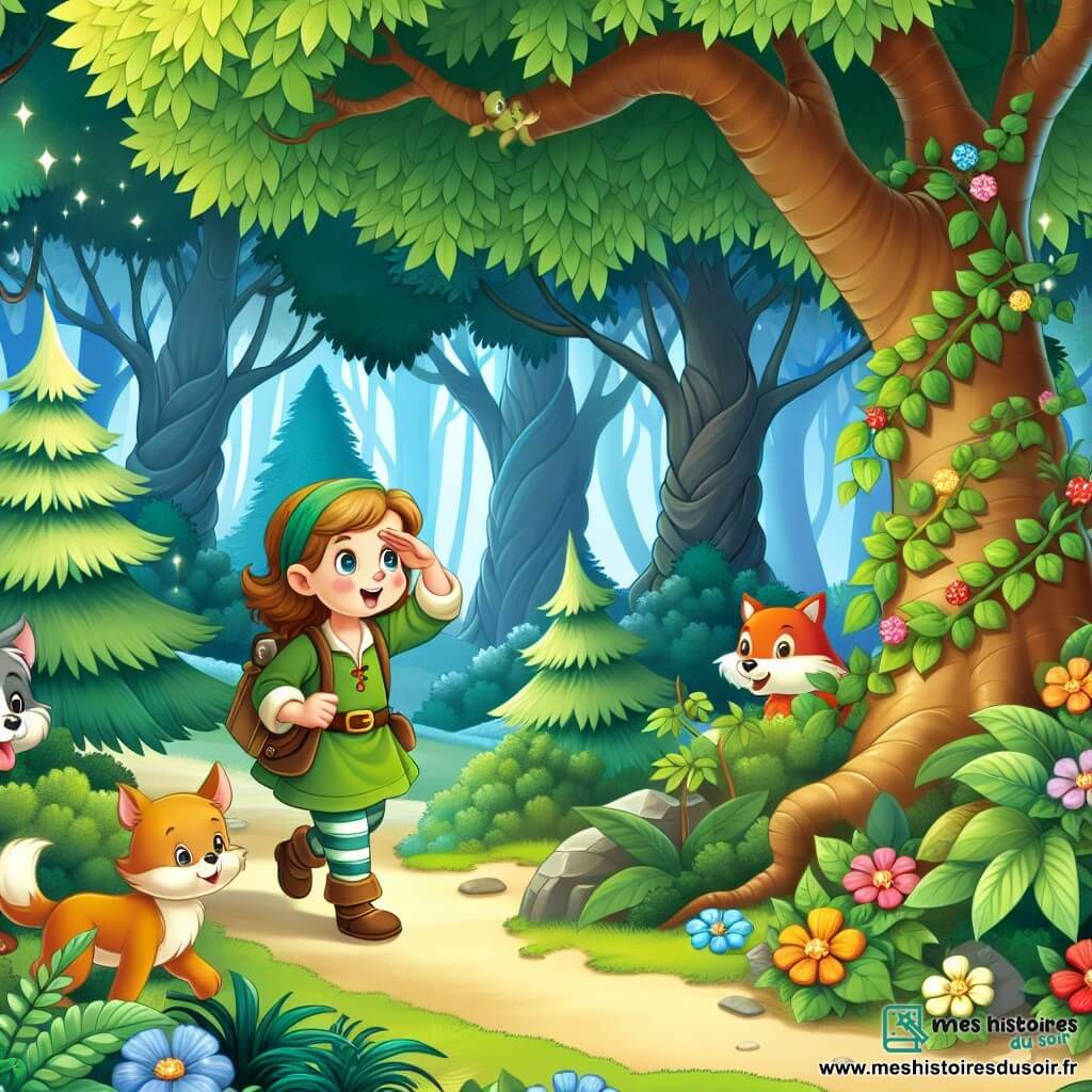 Une illustration destinée aux enfants représentant une fillette curieuse se lançant dans une quête palpitante avec ses amis animaux à la recherche d'un trésor caché au cœur d'une forêt enchantée, où les arbres majestueux se parent de feuilles d'émeraude et les fleurs multicolores dansent au rythme de la brise légère.