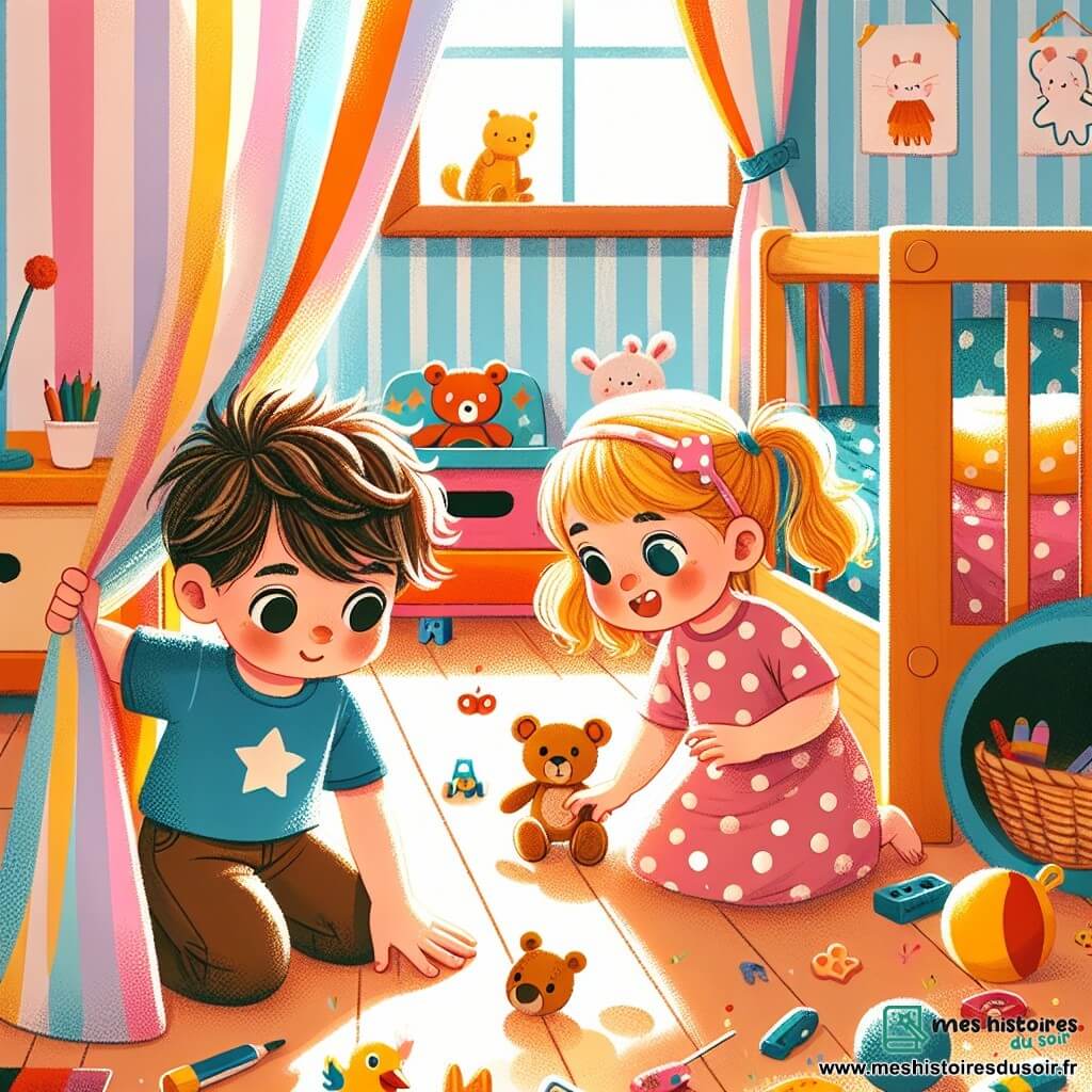 Illustration destinée aux enfants représentant une chambre colorée et ensoleillée, remplie de jouets éparpillés, avec un grand tapis moelleux et des murs décorés de dessins d'animaux. Au centre, un petit garçon d'environ 5 ans, aux cheveux bruns en bataille et portant un t-shirt bleu avec des étoiles, est accroupi, le visage concentré, cherchant sous un lit en bois. À ses côtés, une petite fille aux couettes blondes, vêtue d'une robe rose à pois, l'aide en regardant derrière un rideau, les yeux pétillants de curiosité. Ensemble, ils cherchent désespérément une peluche en forme d'ours, qui a disparu, créant une atmosphère d'aventure et de mystère dans cette scène pleine de vie.