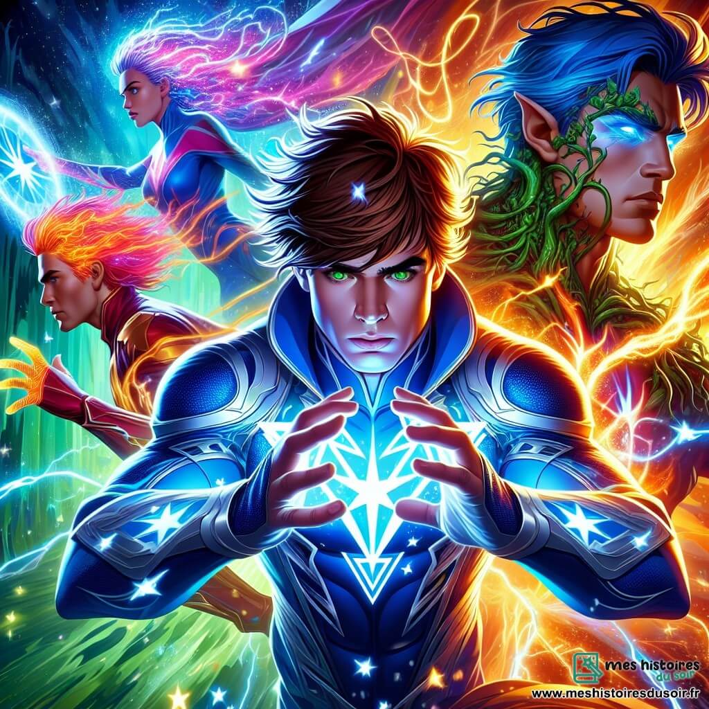 Une illustration sous forme de dessin destinée aux enfants représentant une scène vibrante dans la ville de Luminos, où un jeune homme athlétique aux cheveux bruns en désordre et aux yeux verts éclatants, vêtu d'un costume bleu profond orné d'étoiles argentées, utilise ses pouvoirs de lumière pour créer un bouclier protecteur, tandis qu'à ses côtés, une femme dynamique aux cheveux électriques et une silhouette robuste d'un homme avec des racines de plantes émergentes se tiennent prêtes à l'aider, alors qu'ils affrontent une silhouette sombre menaçante, symbolisant le combat entre la lumière et l'obscurité dans un monde coloré et plein d'énergie.