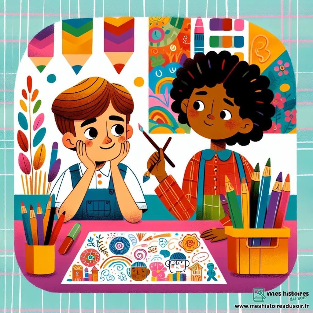 Une illustration destinée aux enfants représentant un garçon timide et curieux faisant face à un défi de dessin avec l'aide d'une fille confiante et créative, dans une salle de classe colorée et lumineuse remplie de fournitures artistiques.