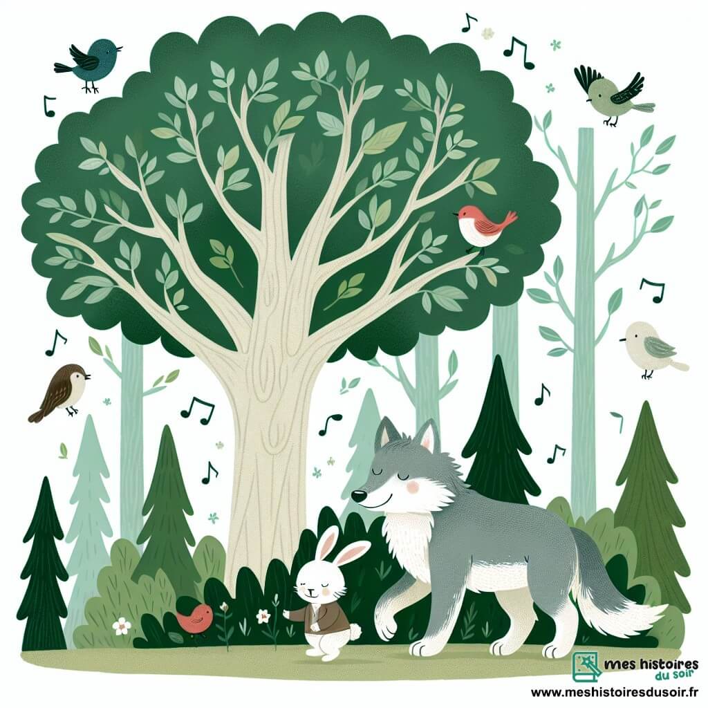 Une illustration destinée aux enfants représentant un loup bienveillant et doux, accompagné d'un petit lapin blanc, se promenant dans une forêt enchantée aux grands chênes verdoyants et au chant mélodieux des oiseaux.