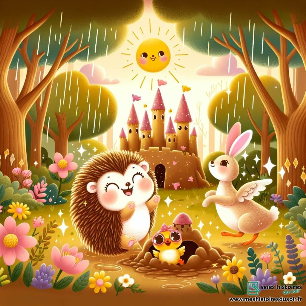 Une illustration sous forme de dessin destinée aux enfants représentant une forêt enchantée baignée par la lumière dorée du soleil, où un petit hérisson aux piquants doux et aux yeux pétillants danse joyeusement sous la pluie, entouré de ses amis : une lapine aux grandes oreilles et au pelage soyeux qui porte un chapeau rose, et un canard aux plumes brillantes avec des lunettes de soleil flashy, tous riant et s'amusant autour d'un magnifique château de boue scintillant, tandis que des fleurs colorées et des arbres majestueux forment un décor féerique.