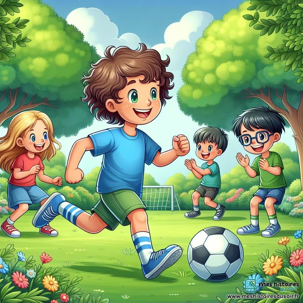 Une illustration sous forme de dessin destinée aux enfants représentant un parc ensoleillé avec des arbres verdoyants et des fleurs colorées, où un garçon de 12 ans aux cheveux bruns et bouclés, portant un t-shirt bleu et un short, dribble un ballon de football avec enthousiasme, entouré de ses amis : une fille aux cheveux longs et blonds, souriante, qui l'encourage, et un garçon aux lunettes et aux cheveux noirs qui applaudit, illustrant la scène d'un tournoi de football mixte célébrant l'égalité des genres, avec des enfants de tous âges et genres jouant ensemble joyeusement sur le terrain.