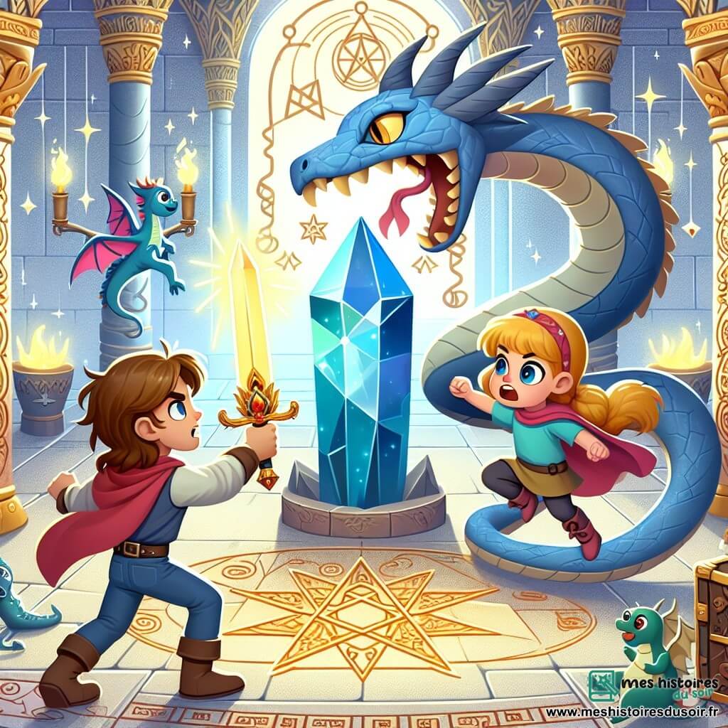 Une illustration destinée aux enfants représentant une jeune femme courageuse affrontant un serpent de cristal pour récupérer un artefact sacré, accompagnée d'un petit dragon joueur, dans le Temple des Étoiles orné de symboles magiques, au cœur d'un royaume fantastique.