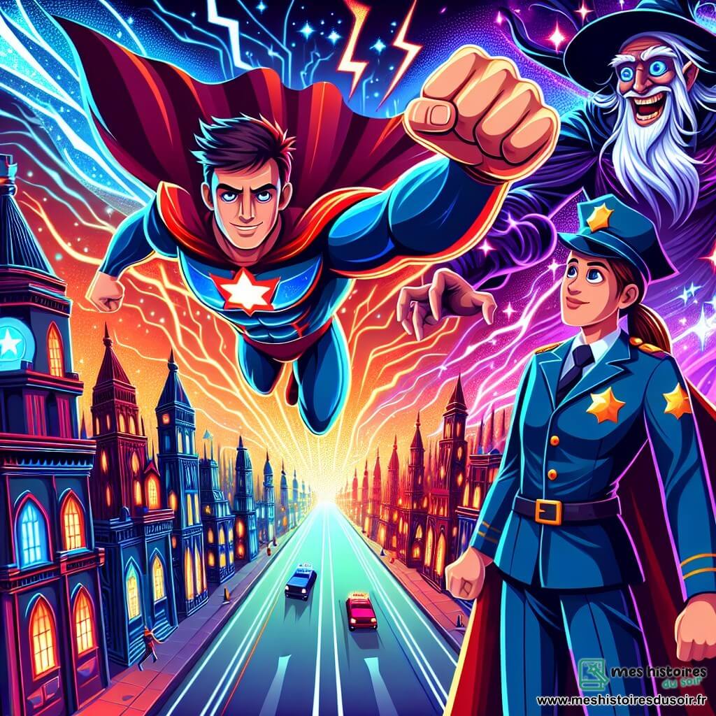 Illustration d'une scène dynamique dans une ville magique, avec des tours scintillantes et des rues lumineuses. Dans le ciel, un homme au grand cœur, vêtu d'un costume rouge et bleu, vole avec détermination, ses poings serrés et un regard résolu. En bas, une policière d'une trentaine d'années, avec un chapeau bleu et un uniforme brillant, observe la scène avec admiration. À l'arrière-plan, un sorcier maléfique, vêtu de noir et violet, se prépare à lancer un sort, entouré d'éclairs d'énergie sombre. Le super-héros défie le sorcier, prêt à défendre la ville, avec des éclairs illuminant le ciel et une atmosphère de tension. Des nuages tourbillonnants, des étoiles scintillantes et des explosions de lumière ajoutent à l'ambiance épique.