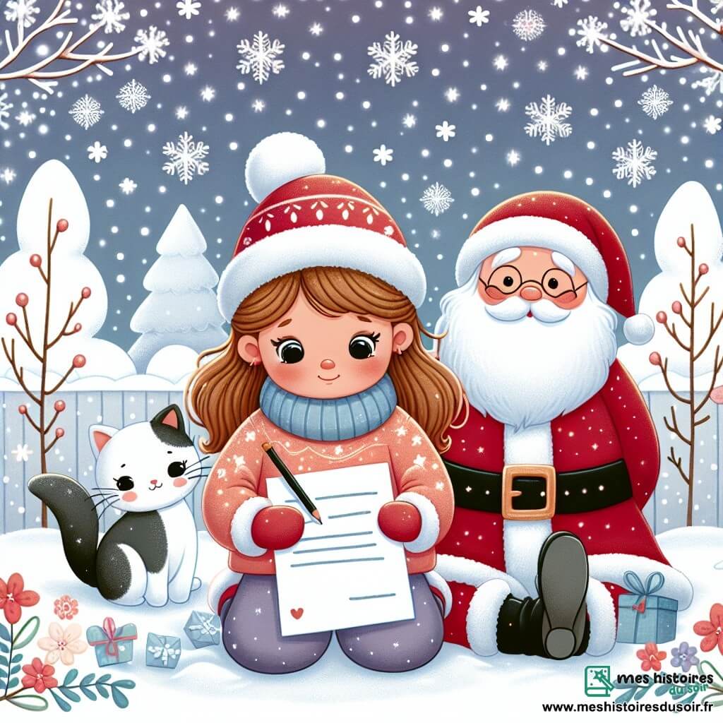 Une illustration destinée aux enfants représentant une fillette écrivant une lettre au Père Noël, accompagnée de son chat, dans un jardin enneigé orné de flocons de neige scintillants.
