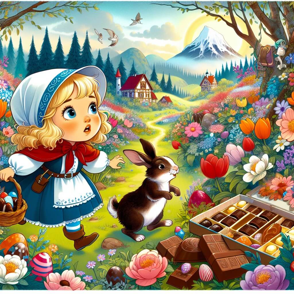 Une illustration destinée aux enfants représentant une jeune fille curieuse, accompagnée d'un lapin farceur, explorant une forêt enchantée parsemée de fleurs multicolores et de chocolats, à la recherche d'un mystérieux trésor de Pâques.