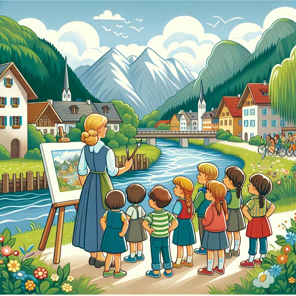 Une illustration destinée aux enfants représentant une artiste féminine, plongée dans une exposition d'art en plein air, accompagnée d'un groupe d'enfants curieux, dans un petit village pittoresque entouré de montagnes verdoyantes et bordé d'une rivière scintillante.
