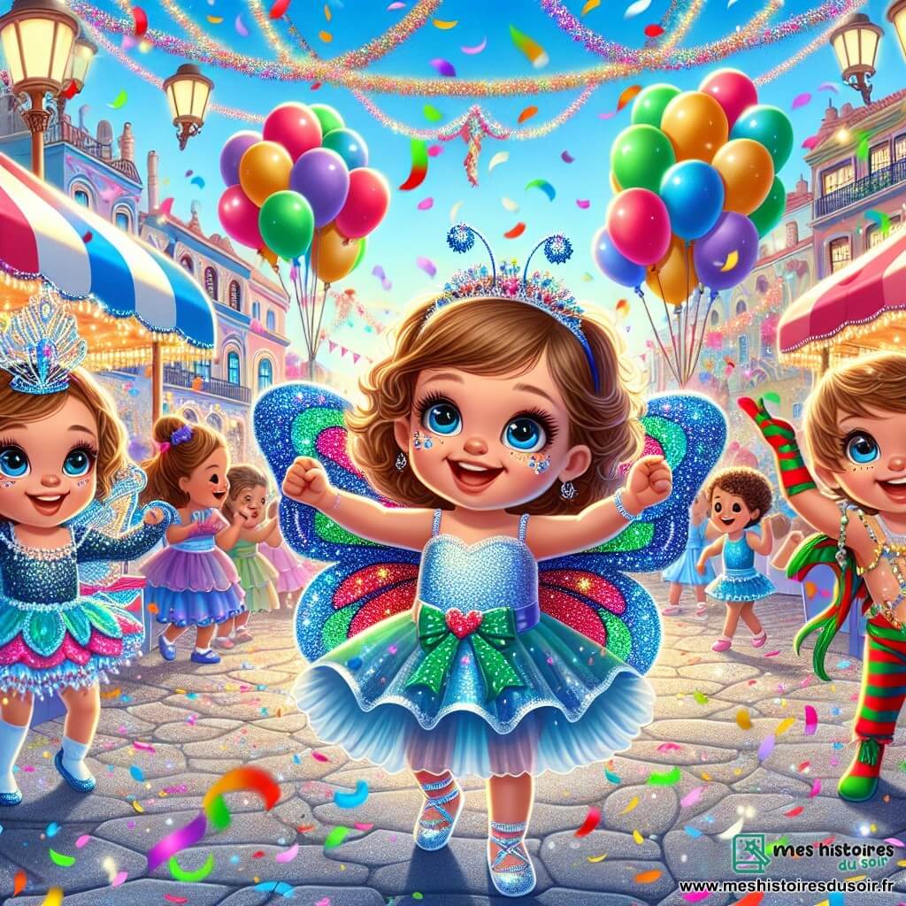 Illustration d'une rue animée pendant un carnaval, pleine de couleurs vives et de confettis dans l'air. Des ballons multicolores s'élèvent dans le ciel bleu, tandis que des stands décorés de guirlandes proposent des sucreries. Au centre, une petite fille de 1 an, aux grands yeux pétillants et aux cheveux bouclés, porte un costume de papillon aux ailes brillantes. Elle sourit en levant les bras, prête à danser. À ses côtés, une fille de 5 ans en étoile scintillante danse, et un garçon de 4 ans déguisé en dragon imite des mouvements de vol. La scène capture l'énergie du carnaval, avec des rires et de la musique, tandis que les enfants s'amusent entourés de confettis et de lumières éclatantes, leurs visages illuminés par des sourires radieux dans une atmosphère de joie et de magie.