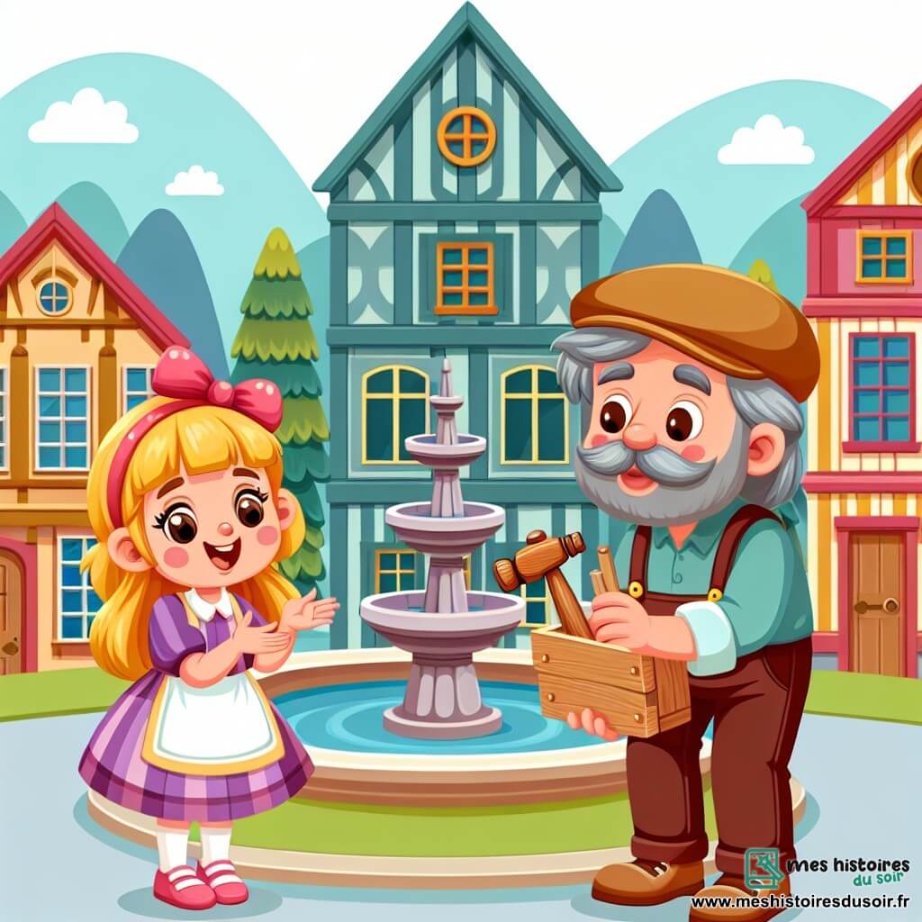 Une illustration destinée aux enfants représentant une petite fille espiègle préparant un concours de talents pour la fête des pères, accompagnée de son papa ébéniste, dans un village pittoresque avec une fontaine en son centre et des maisons colorées en arrière-plan.