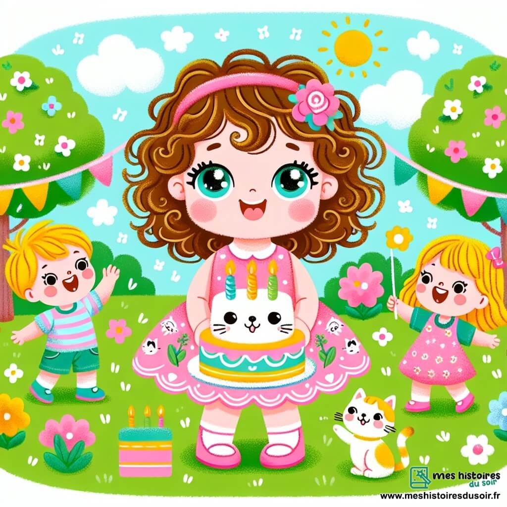 Une illustration sous forme de dessin destinée aux enfants représentant un parc ensoleillé avec des arbres verts et des fleurs colorées, où une petite fille de 2 ans aux cheveux bouclés et aux yeux pétillants, portant une robe rose avec des motifs de chats, sourit joyeusement en tenant un gâteau en forme de chat, tandis que deux enfants, un garçon aux cheveux blonds et une fille aux cheveux bruns, entourent la petite fille en agitant des drapeaux colorés et en chantant "Joyeux anniversaire", créant une atmosphère festive et joyeuse.
