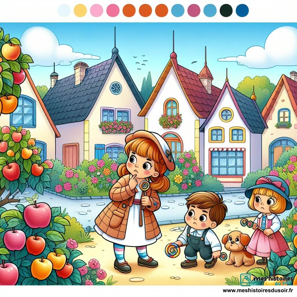 Une illustration destinée aux enfants représentant une fillette curieuse menant une enquête sur la disparition de bonbons colorés avec ses amis, accompagnée d'un jeune garçon au regard triste, dans la petite ville de Pommeville, avec ses maisons aux toits en forme de pommes et ses rues bordées d'arbres fruitiers.
