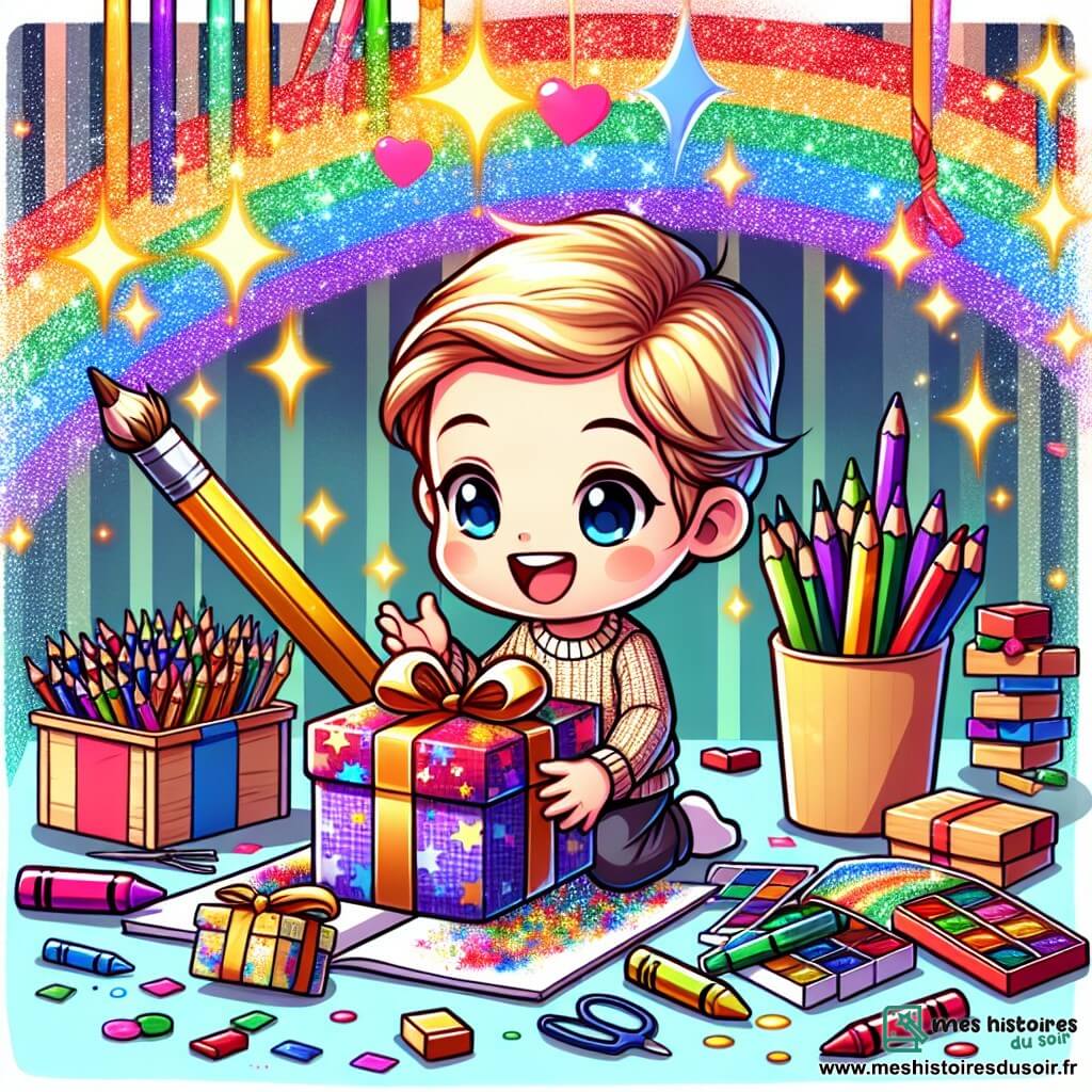 Une illustration destinée aux enfants représentant un petit garçon plein d'enthousiasme préparant un cadeau brillant et coloré pour sa maman, entouré de paillettes scintillantes, dans une chambre remplie de crayons, de paillettes et de boîtes à trésors.