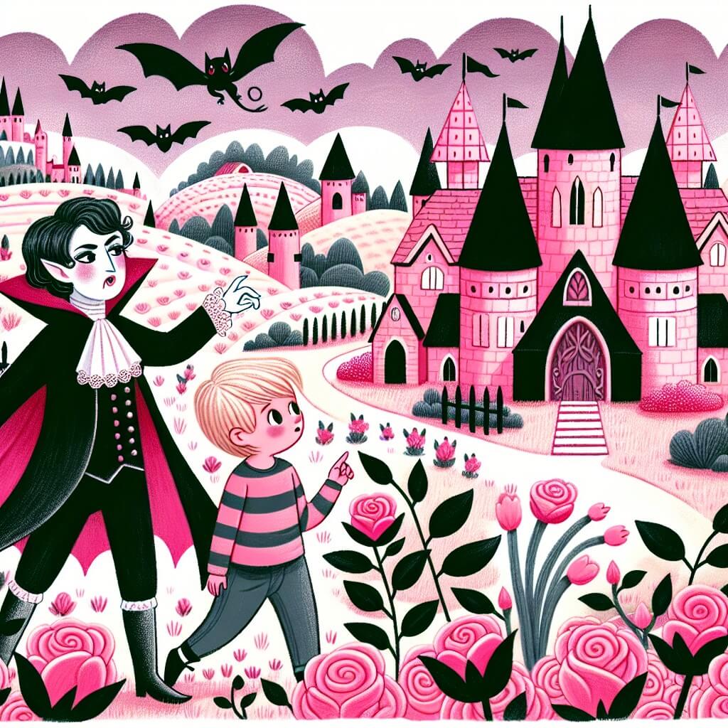 Une illustration destinée aux enfants représentant un vampire rose bonbon, accompagné d'un jeune garçon curieux, explorant une vallée enchantée remplie de maisons en forme de châteaux et de jardins fleuris aux roses noires.