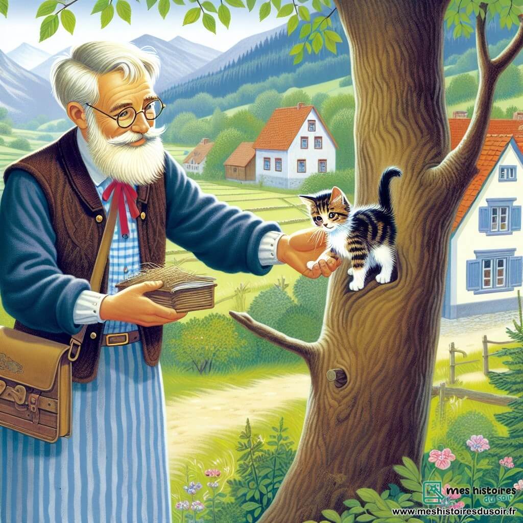 Une illustration destinée aux enfants représentant une jeune fille passionnée par les animaux, aidant un chaton coincé dans un arbre, accompagnée du vétérinaire du village, un homme gentil avec une longue barbe blanche et des lunettes rondes, dans un petit village pittoresque entouré de champs verdoyants et de forêts luxuriantes.