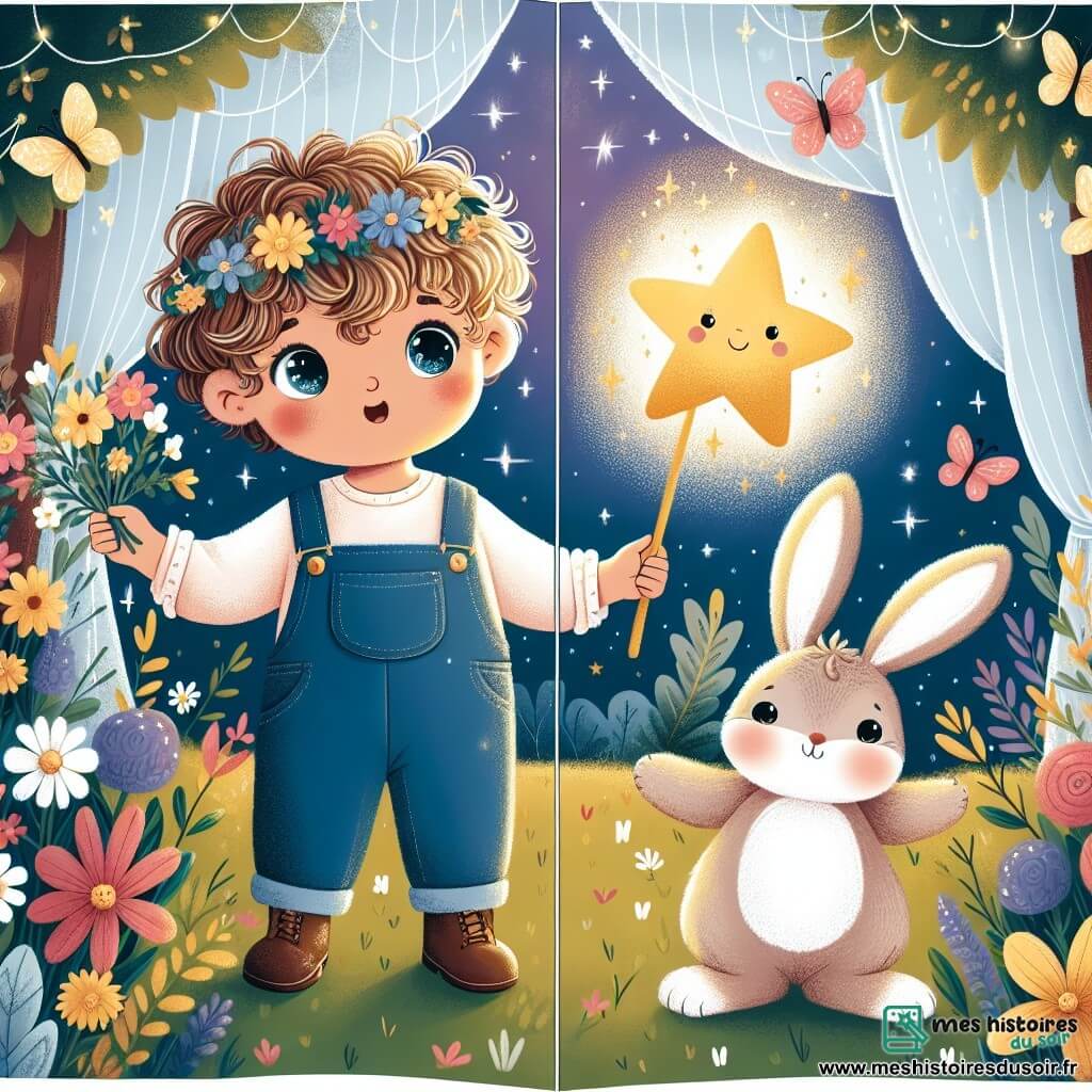 Une illustration sous forme de dessin destinée aux enfants représentant un jardin ensoleillé rempli de fleurs colorées et de papillons, où un petit garçon de 1 an aux cheveux bouclés et aux yeux pétillants, vêtu d'une salopette bleue, tient la main d'une étoile brillante et souriante, tandis qu'un petit lapin aux grandes oreilles et à la fourrure douce les regarde avec curiosité, capturant le moment magique où le garçon et l'étoile partent à la recherche de la lumière perdue dans une forêt enchantée.