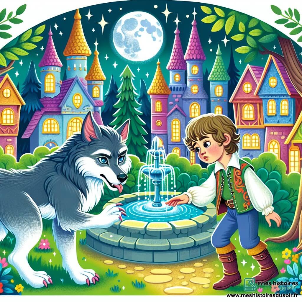 Une illustration destinée aux enfants représentant un jeune garçon loup-garou découvrant une fontaine magique dans une clairière enchantée, accompagné d'une louve-garoue sage et bienveillante, dans le village de Féerieville, un lieu féerique aux maisons colorées et aux arbres scintillants.
