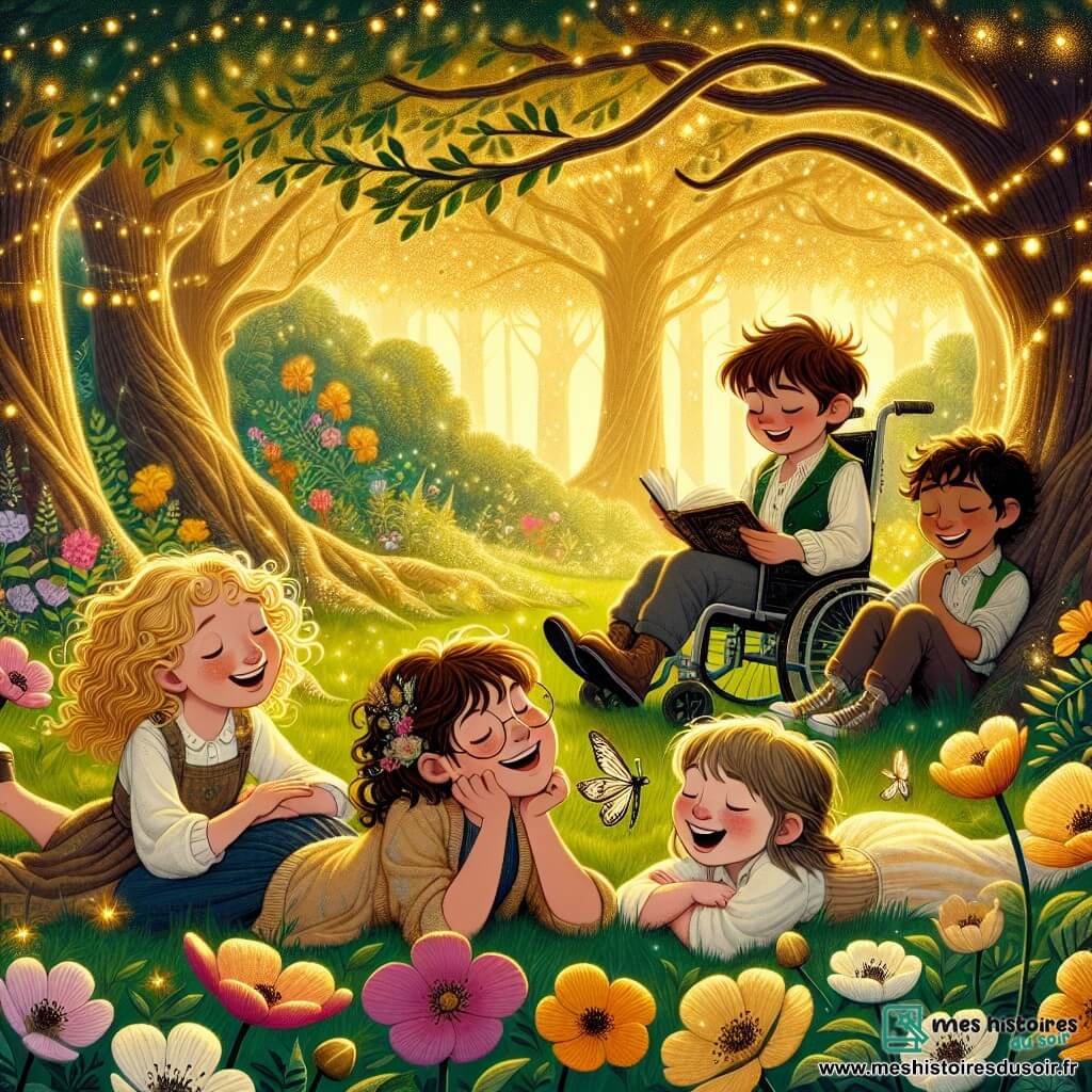 Illustration destinée aux enfants représentant une clairière enchantée, baignée de lumière dorée, où de grandes fleurs colorées dansent doucement sous la brise, entourée d'arbres majestueux aux feuilles scintillantes. Au centre, un groupe de quatre enfants de 9 ans : une fille aux boucles dorées, souriante et joyeuse, s'allonge dans l'herbe ; à côté d'elle, une fille aux cheveux bruns, portant des lunettes et un livre ouvert sur ses genoux, l'air pensif ; une autre fille, pétillante d'énergie, en fauteuil roulant, rit aux éclats ; et enfin, un garçon aux cheveux ébouriffés, grimpé sur une branche basse, les yeux brillants d'excitation. Ensemble, ils partagent un moment de complicité, rêvant à voix haute d'un arbre magique qui exauce des vœux, tandis que des lucioles scintillent autour d'eux, ajoutant une touche de magie à cette scène d'amitié et de rêve.