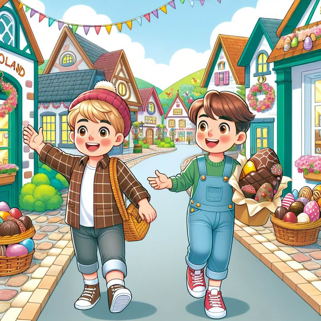 Une illustration destinée aux enfants représentant un jeune garçon enthousiaste, accompagné de son meilleur ami, dans un magnifique village appelé Cocoland, aux rues décorées de guirlandes multicolores et aux boutiques étalant leurs vitrines remplies de chocolats alléchants, préparant les festivités de Pâques.