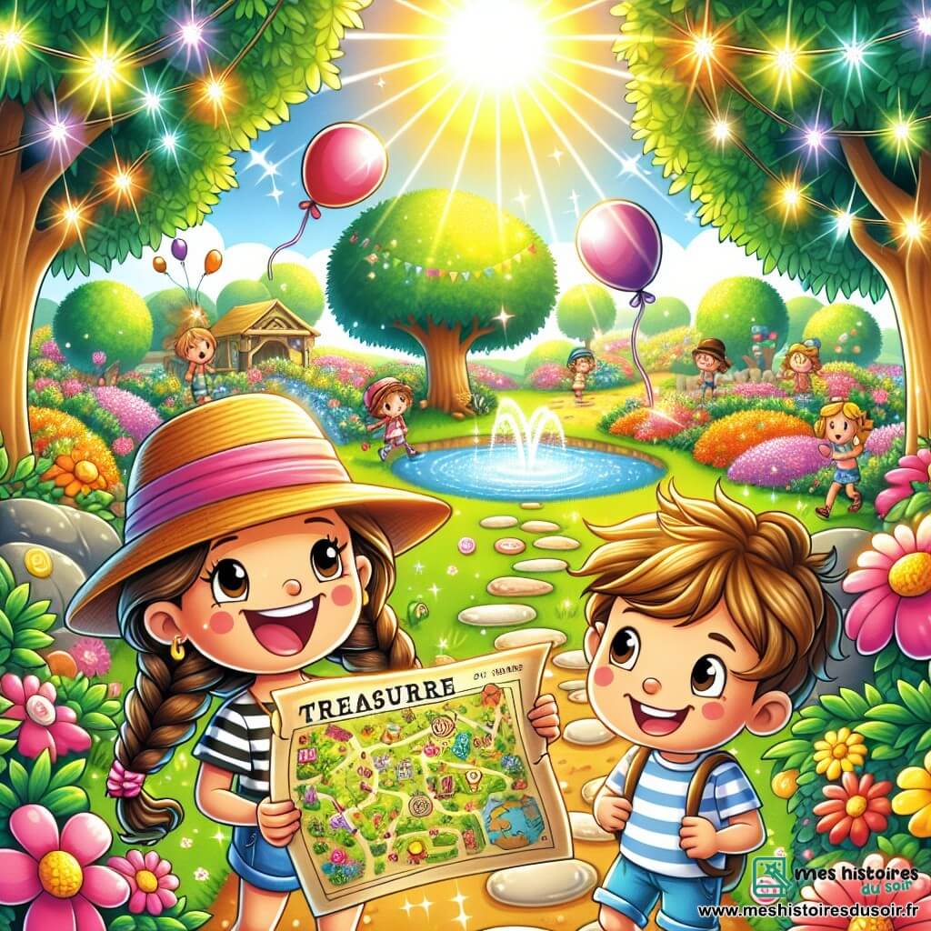 Illustration d'un jardin ensoleillé, rempli de fleurs colorées, de grands arbres aux feuilles vertes et d'une petite mare scintillante. Au centre, une fille de 7 ans, avec de longs cheveux bruns et des nattes, porte un chapeau de paille et un t-shirt à rayures. Elle sourit en tenant une carte au trésor dessinée à la main, pleine de symboles amusants. À ses côtés, un garçon de 8 ans, avec des cheveux blonds en bataille et un short bleu, regarde la carte avec enthousiasme, prêt à partir à l'aventure. En arrière-plan, d'autres enfants de différents âges courent dans le jardin, riant et cherchant des indices cachés. L'atmosphère est joyeuse et dynamique, avec des ballons colorés flottant et des bonbons scintillants sur le sol, créant une ambiance festive de chasse au trésor.