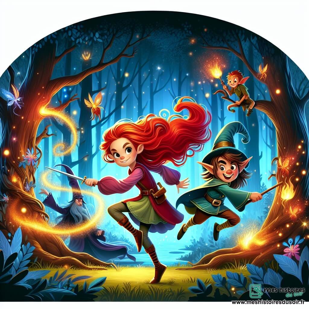 Une illustration destinée aux enfants représentant une fillette aux cheveux flamboyants faisant équipe avec un lutin espiègle pour combattre un sorcier maléfique dans une forêt enchantée aux arbres dansants et aux lucioles lumineuses.