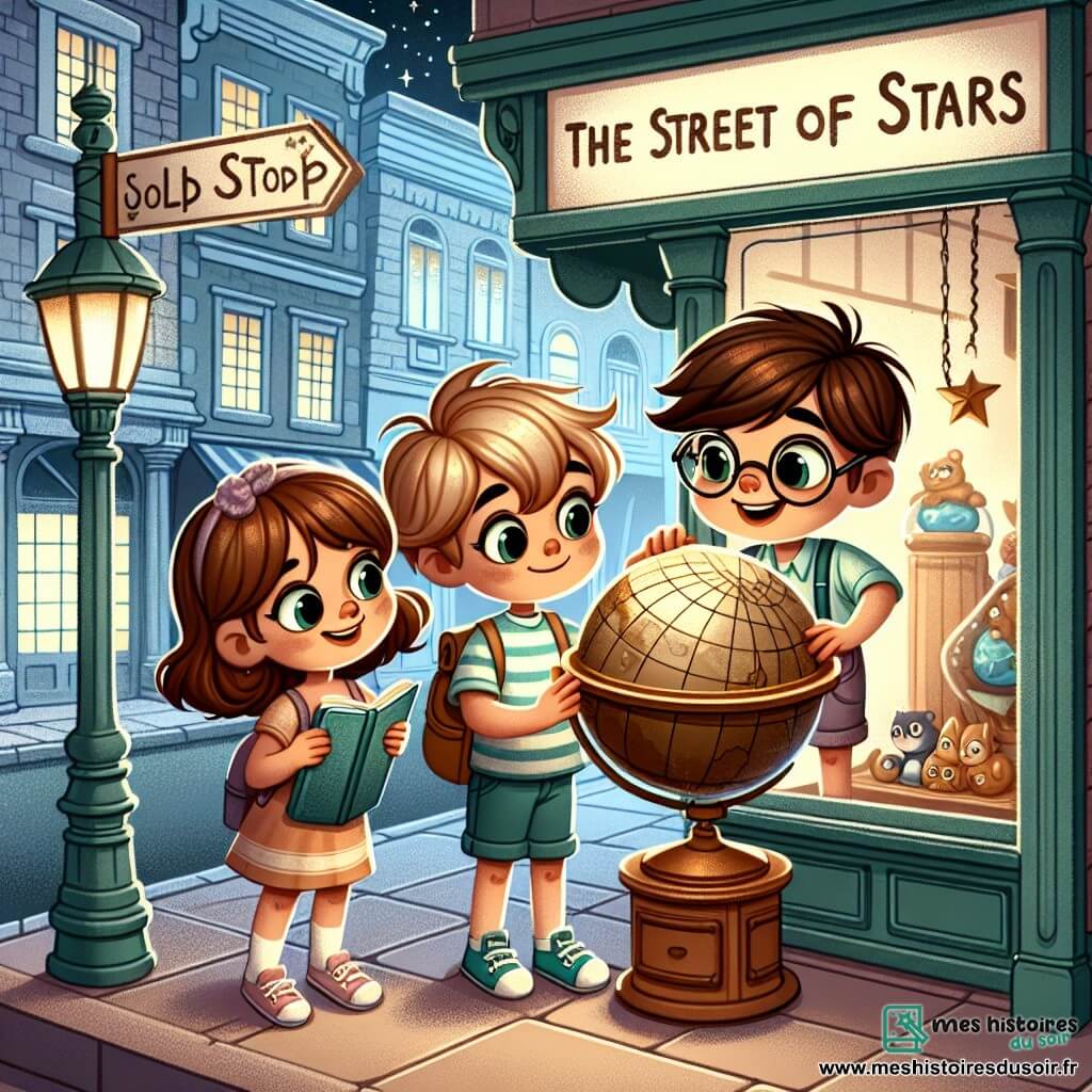 Une illustration sous forme de dessin destinée aux enfants représentant une vieille vitrine de magasin mystérieuse dans la Rue des Étoiles, où un garçon de 11 ans aux cheveux châtains et aux yeux pétillants, vêtu d'un t-shirt rayé et d'un short, examine avec curiosité un globe brillant, tandis que sa meilleure amie, une fille aux boucles brunes et au sourire contagieux, se penche à ses côtés, et leur ami, un garçon intelligent aux lunettes épaisses, prend des notes sur un carnet, tous trois captivés par l'idée de découvrir un trésor caché et prêts à vivre une grande aventure.